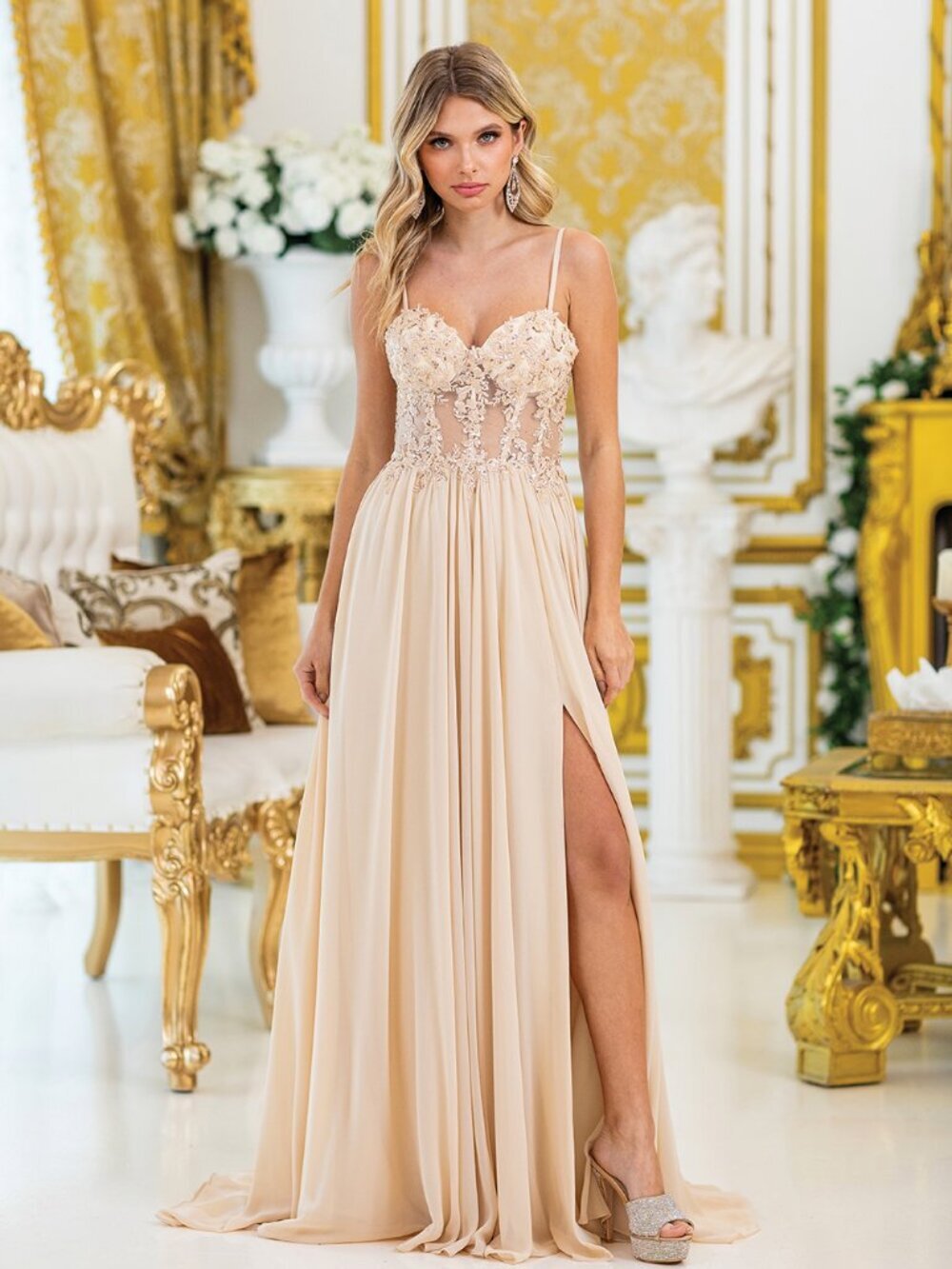 NEW CHAMPAGNE Evening Gown Floor Length Formal Elegant Stunning 4506